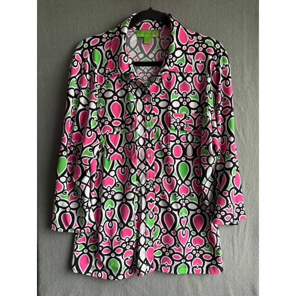 Island Republic Blouse Women XL Multicolor Button Up Pockets Roll Tab Casual‎